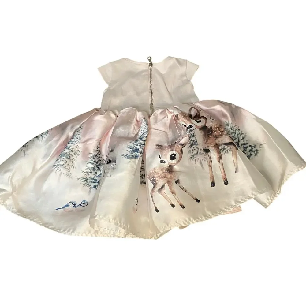 H&M pink white snowy woodland deer Christmas sleeveless flare dress SIZE‎ 2T